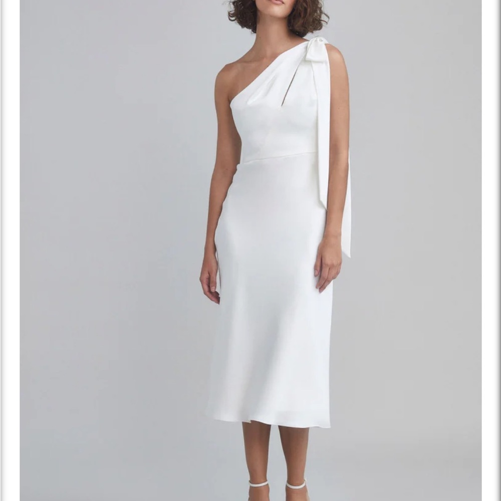Amsale NWT Satin One Shoulder Bias Cut Midi Dress Ivory Size 6 LW193 Wedding